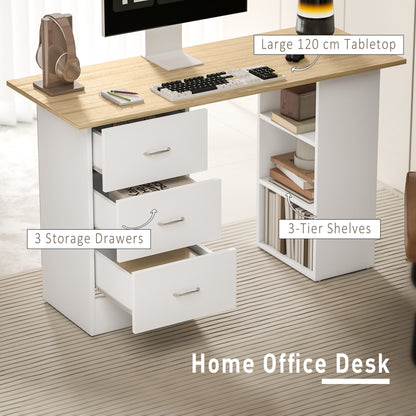 HOMCOM Computer Desk, Writing Table, PC Workstation with 3 Storage Shelves and Drawers, Silver Handle, for Home Office, Natural Wood Finish and White