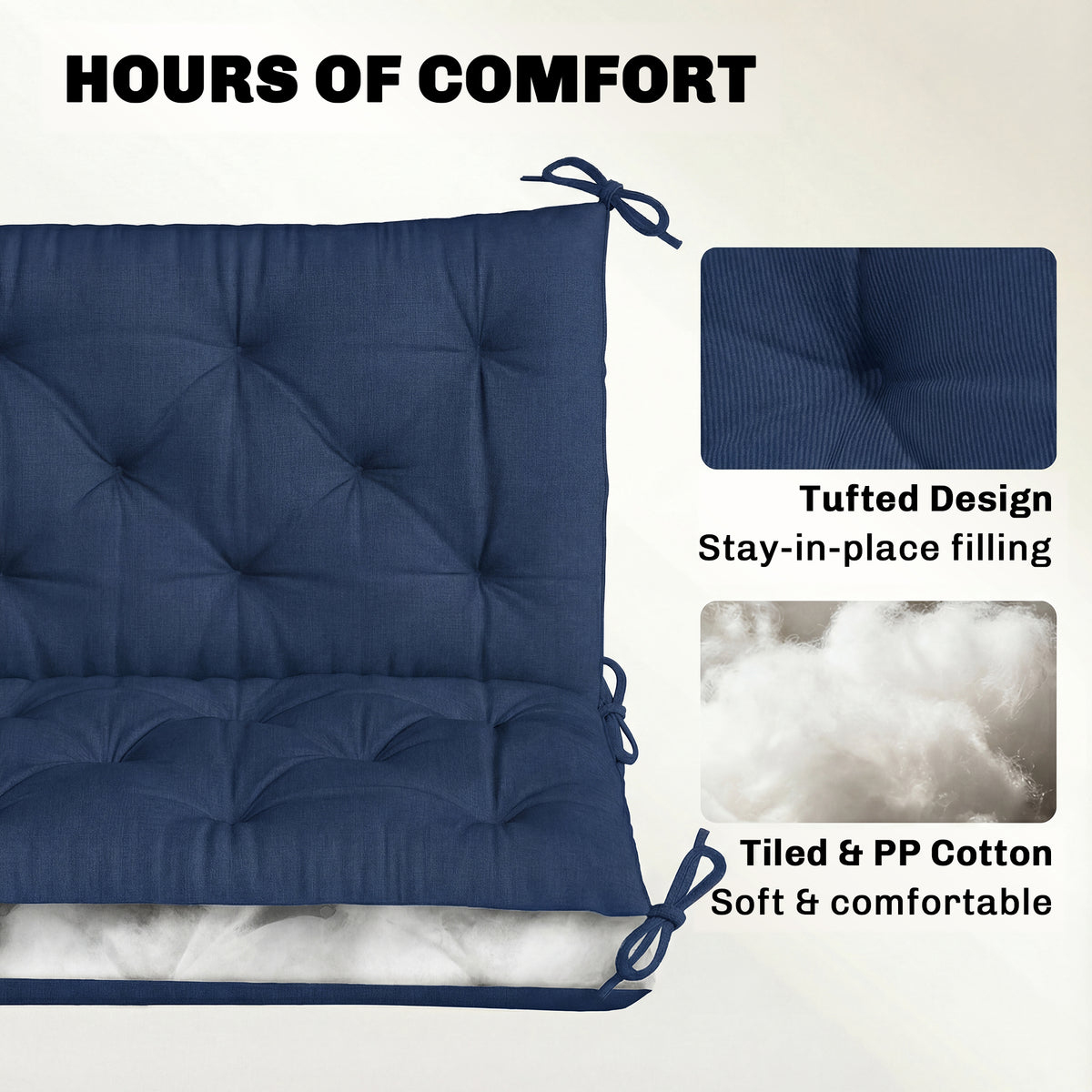 Outsunny 3 Seater Bench Cushion, Garden Chair Cushion with Back and Ties for Indoor and Outdoor Use, 98 x 150 cm, Dark Blue 