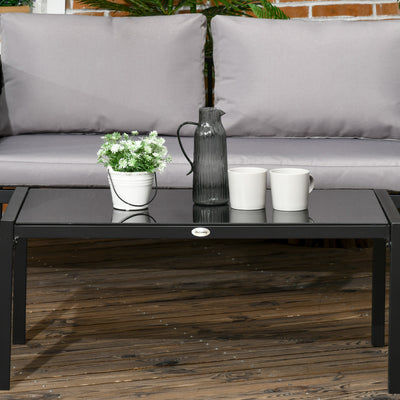Outsunny 4 Piece Metal Garden Furniture Set with Tempered Glass Coffee Table, Texteline Pocket, Outdoor Patio Set Loveseat Single Armchairs with Padded Cushions, Light Grey 