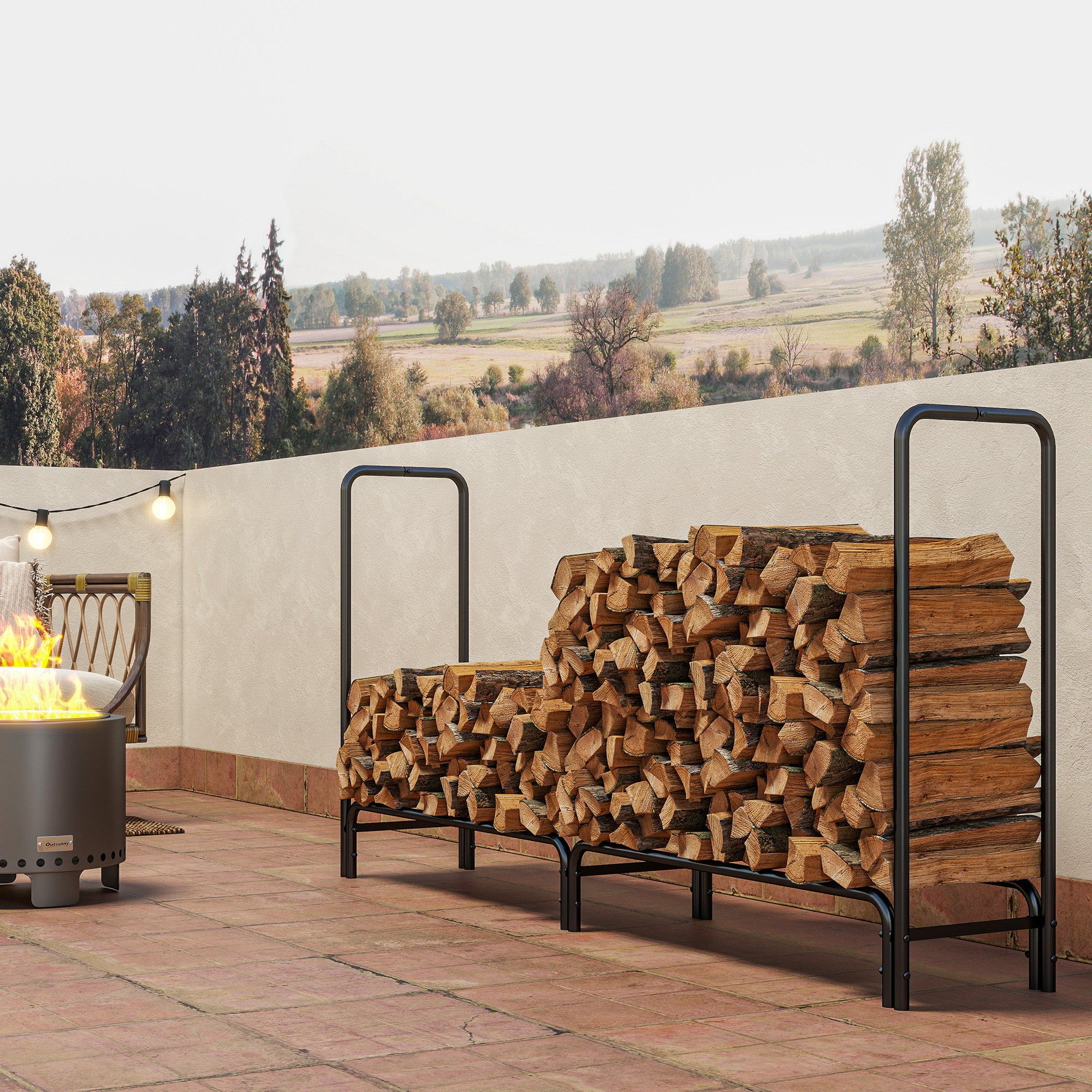Outsunny Firewood Rack with Waterproof Cover, Heavy Duty Metal Log Store Indoors, Log Storage Holder for Outdoor Indoor Fireplace, 200 x 36 x 99 cm, Dark Green 