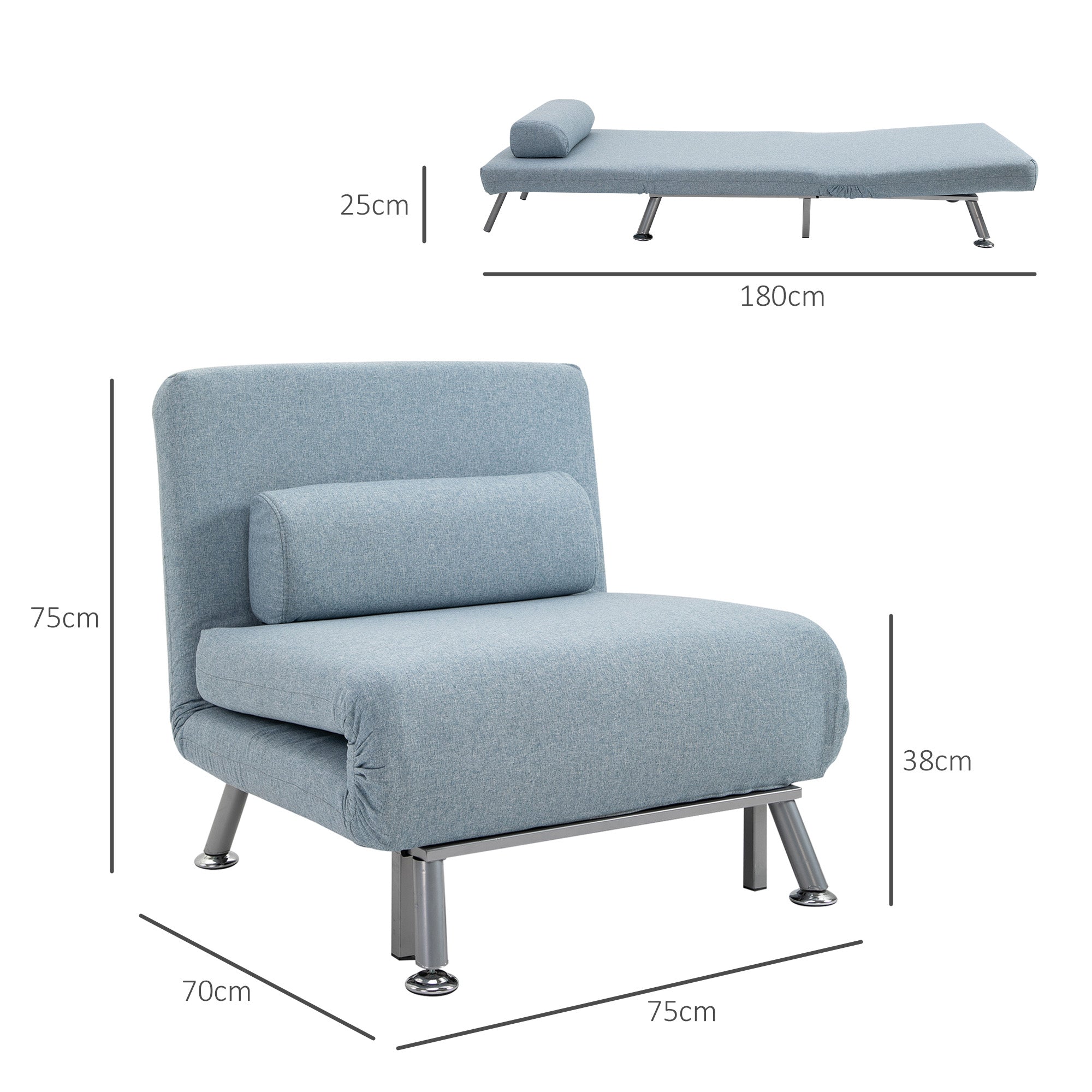 HOMCOM Linen Chair Bed, 3-in-1 Convertible Sleeper Chair with Adjustable Backrest, Pillow, for Living Room, Bedroom, Sky Blue 
