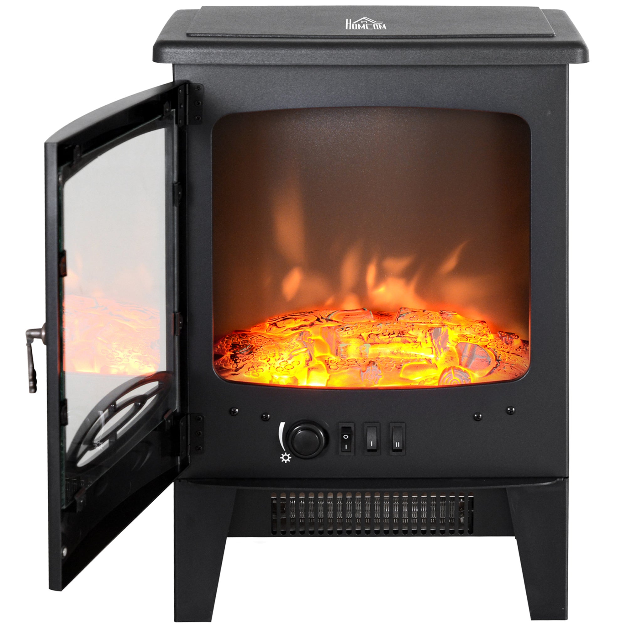 HOMCOM Tempered Glass Casing Electric Fireplace, Freestanding Electric Fire with Realistic Flame Effect, Log Burner with Overheat Protection, 950w/ 1850W, Black 