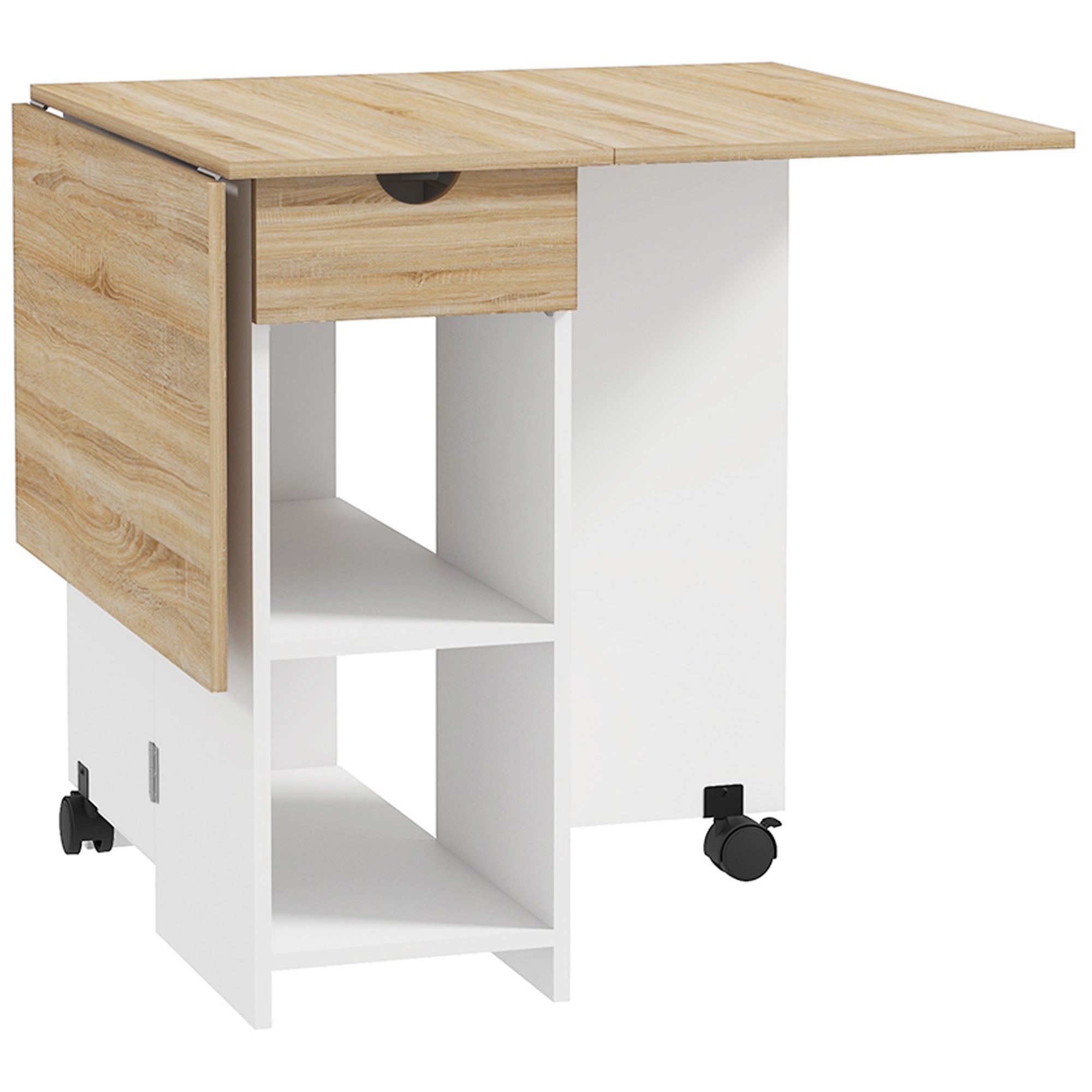 HOMCOM Folding Dining Table, Drop Leaf Table for Small Spaces, Foldable Table with Drawer and Storage Shelves for Kitchen, Dining Room, Oak 