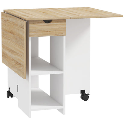 HOMCOM Folding Dining Table, Drop Leaf Table for Small Spaces, Foldable Table with Drawer and Storage Shelves for Kitchen, Dining Room, Oak 