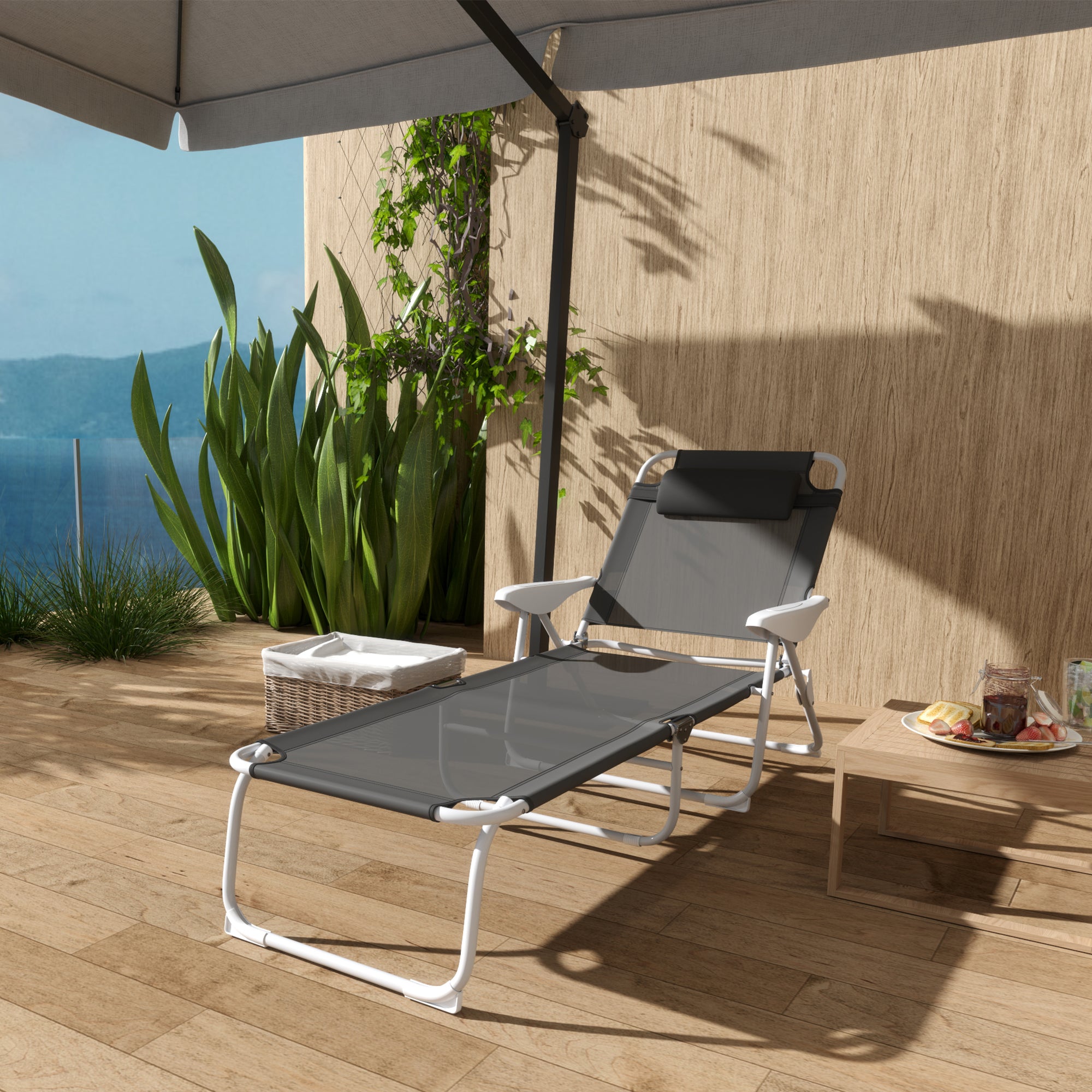Outsunny Foldable Lounge Chair with 4-Level Adjustable Backrest & Headrest - Charcoal Grey
