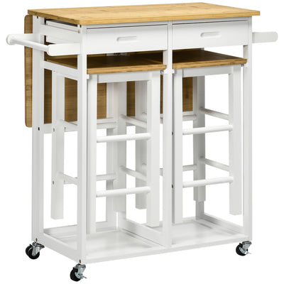 HOMCOM Kitchen Island Set with 2 Stools, Bamboo Breakfast Cart with Drop Leaf Top, Drawers and Towel Rack, Rolling Kitchen Cart and Chairs Set, White 