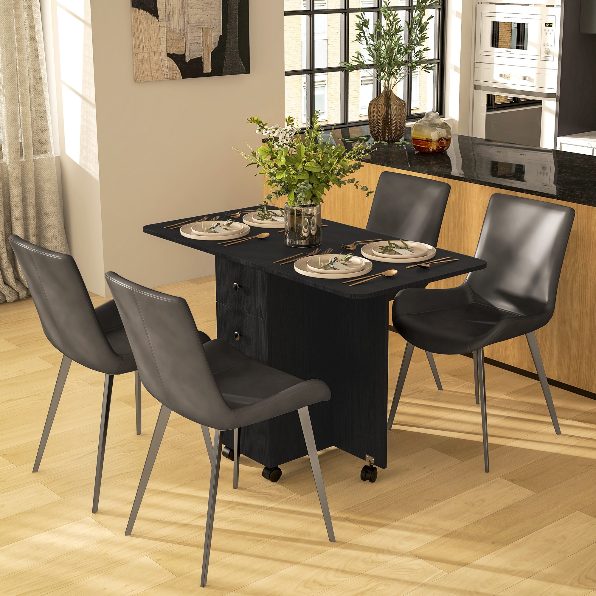 HOMCOM Multi-Storage Six-Person Drop Leaf Dining Table -  Distressed Black 