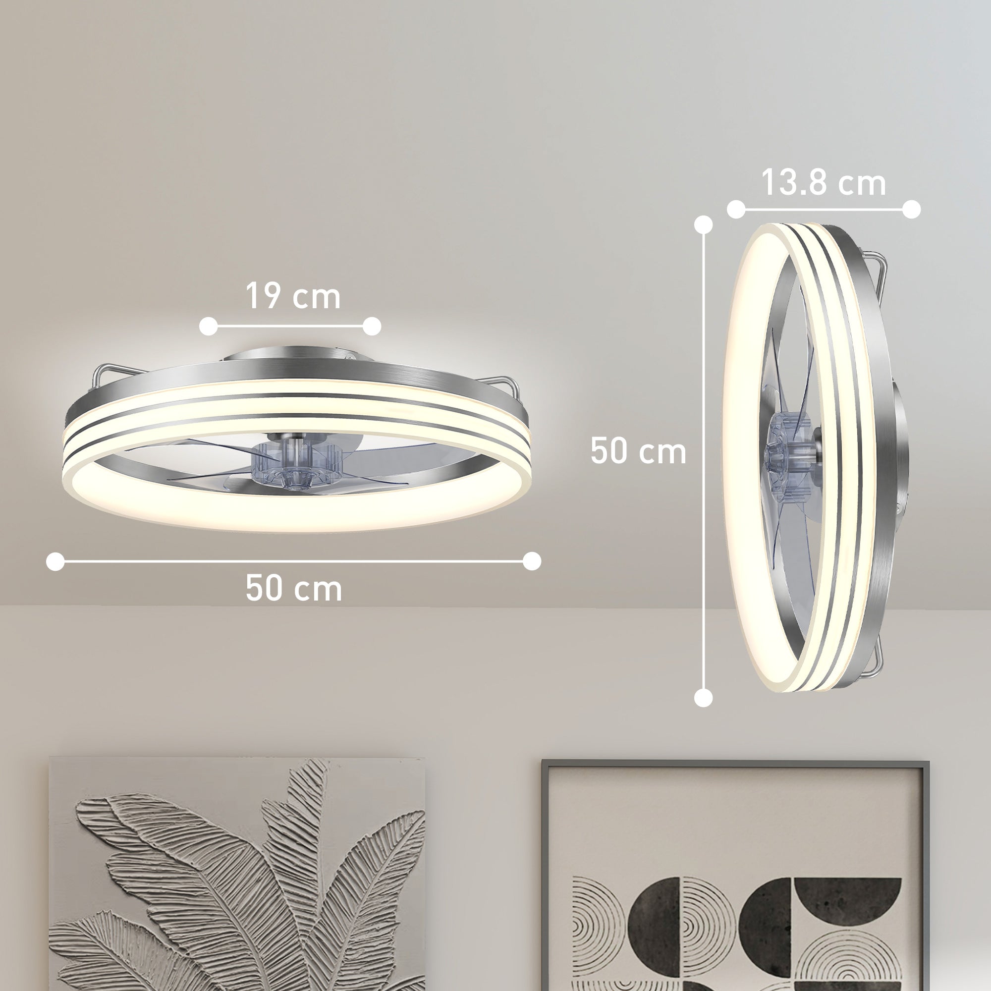 HOMCOM Ceiling Fans with Lights and Remote & App Control, 50cm LED Ceiling Fan Light with 3 Colour Temperatures, 6 Speed, Silver 
