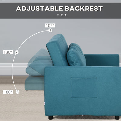 HOMCOM Loveseat Sofa Bed, Convertible Bed Settee with 2 Cushions, Side Pockets for Living Room, Blue 