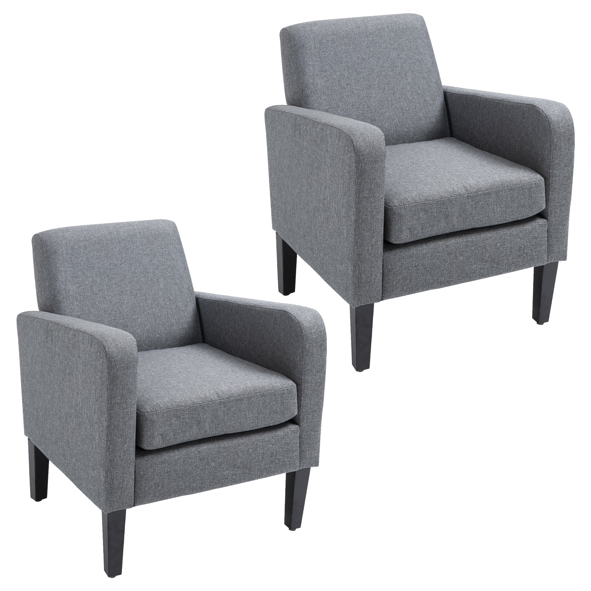 HOMCOM 2 Pieces Modern Armchairs with Rubber Wood Legs, Upholstered Accent Chairs, Single Sofa for Living Room, Bedroom, Grey 