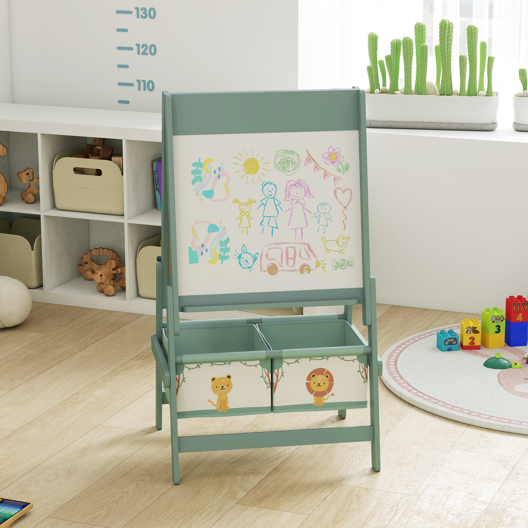 AIYAPLAY Art Easel for Kids, Double-Sided Whiteboard/Blackboard with Paper Roll, Two Storage Boxes, for Ages 3-8 Years, Green
