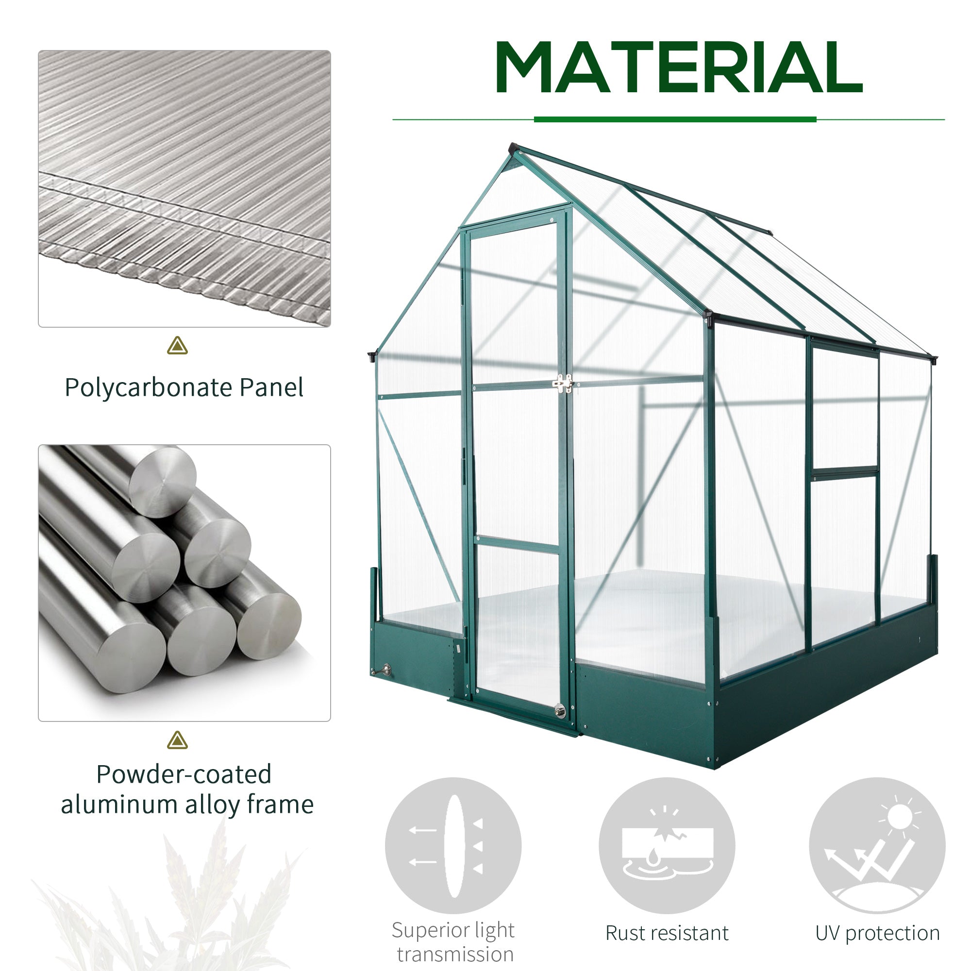 Outsunny 6x6 FT Polycarbonate Greenhouse with Base and Raised Bed, Walk-in Greenhouse with Aluminium Frame, Temperature Controlled Window, Foundation for Plants, Flowers, Vegetable 