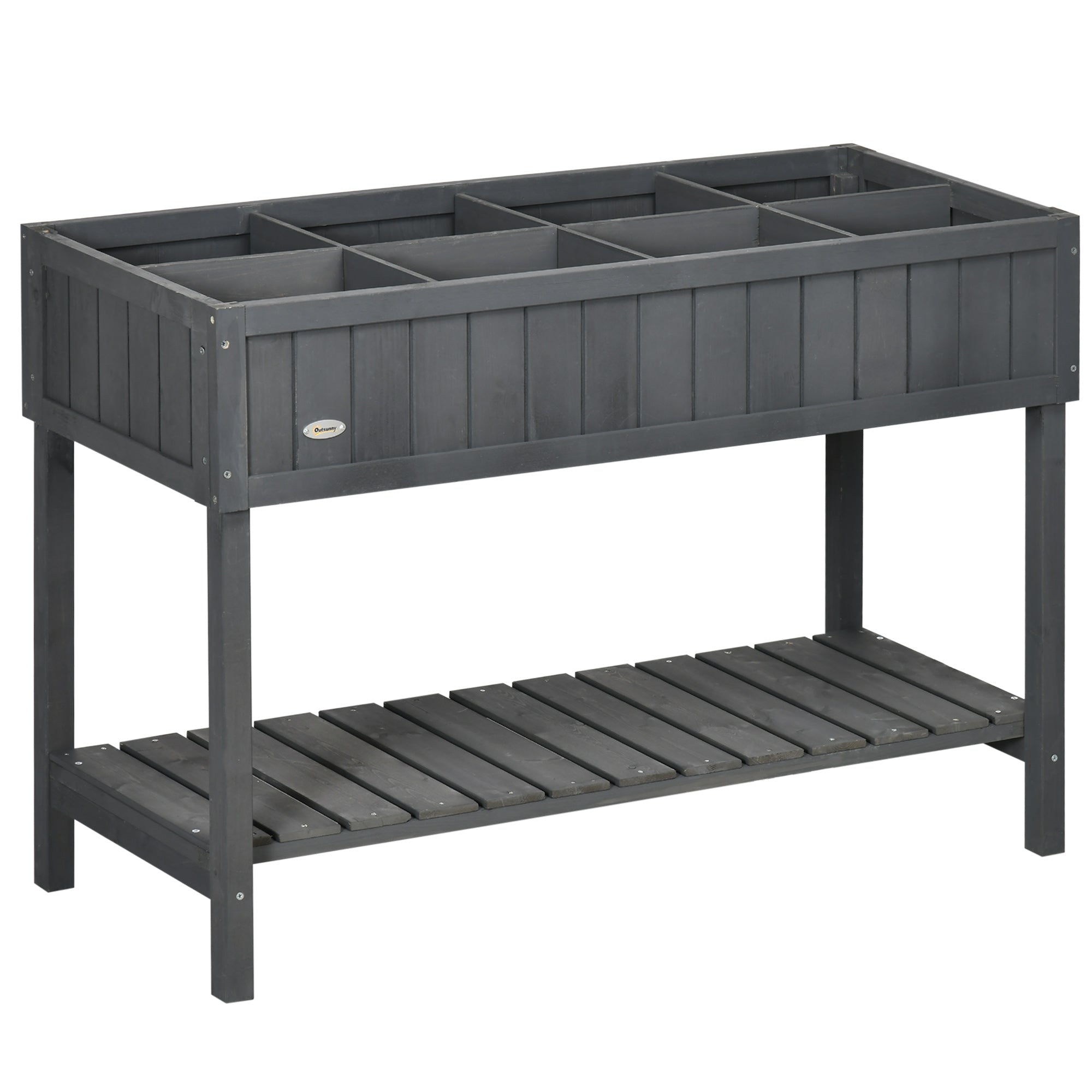 Outsunny Fir Wood Raised Rectangular 8 Compartment Plant Stand Dark Grey 