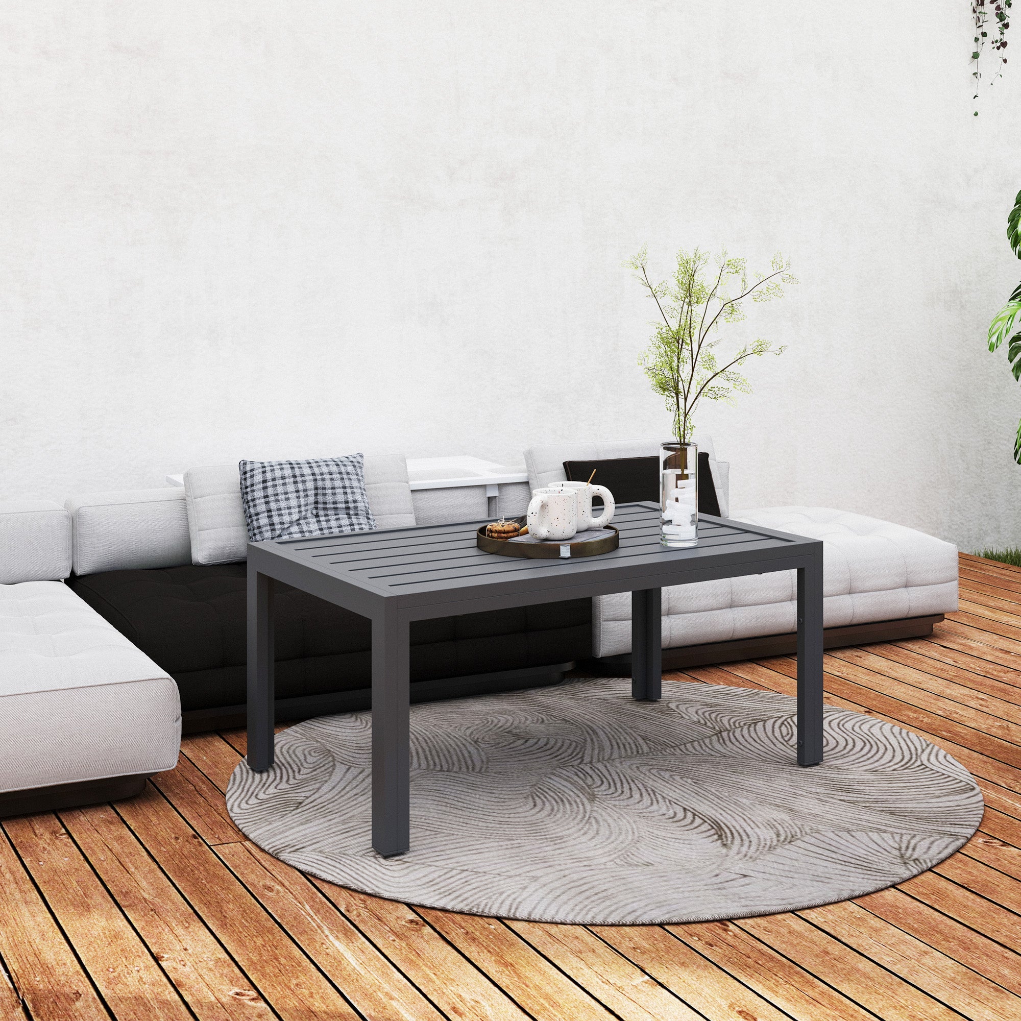 Outsunny Outdoor Side Table, Rectangular Patio Coffee Side Table with Steel Frame and Slat Tabletop for Garden, Balcony, Grey 
