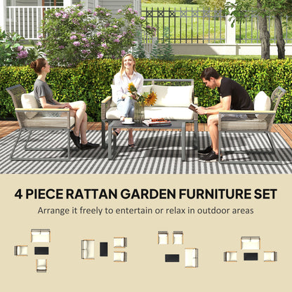 Outsunny Four Piece Wicker Rope Garden Furniture Set with Glass Top Coffee Table - Grey 