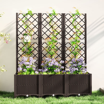 Outsunny Raised Garden Bed with Trellis, Plastic Planter Box with Drainage Holes and Drain Plugs for Climbing Plants, Vegetables, Flowers, Brown 