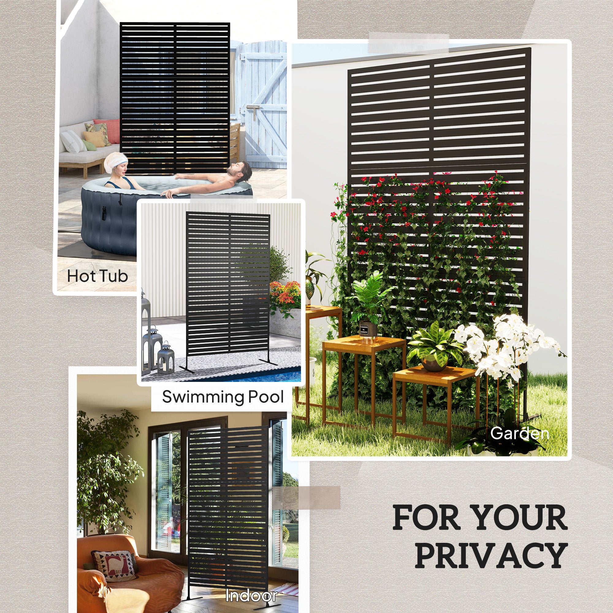 Outsunny Decorative Privacy Fence Screen, Metal Outdoor Privacy Screen Climbing Plant Trellis with Stand, 122 x 198 cm, Black 