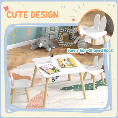 AIYAPLAY 3 Pcs Toddler Table and Chair Set, Kids Desk and 2 Chairs Set w/ Bunny Ear Backrest, for Nursery, Playroom 