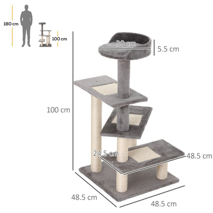 PawHut 100 cm Cat Tree for Indoor Cats Kitten Scratch Scratching Post Climbing Tower Activity Centre Grey 