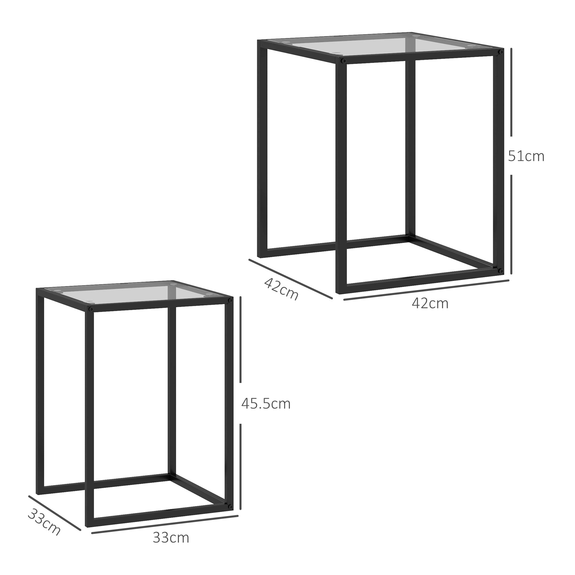 HOMCOM Nesting Tables Set of 2, Side End Table with Tempered Glass Top and Steel Frame for Living Room, Bedroom, Black 