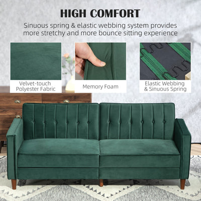 HOMCOM Velvet-Feel Three-Seater Sofa Bed - Green 