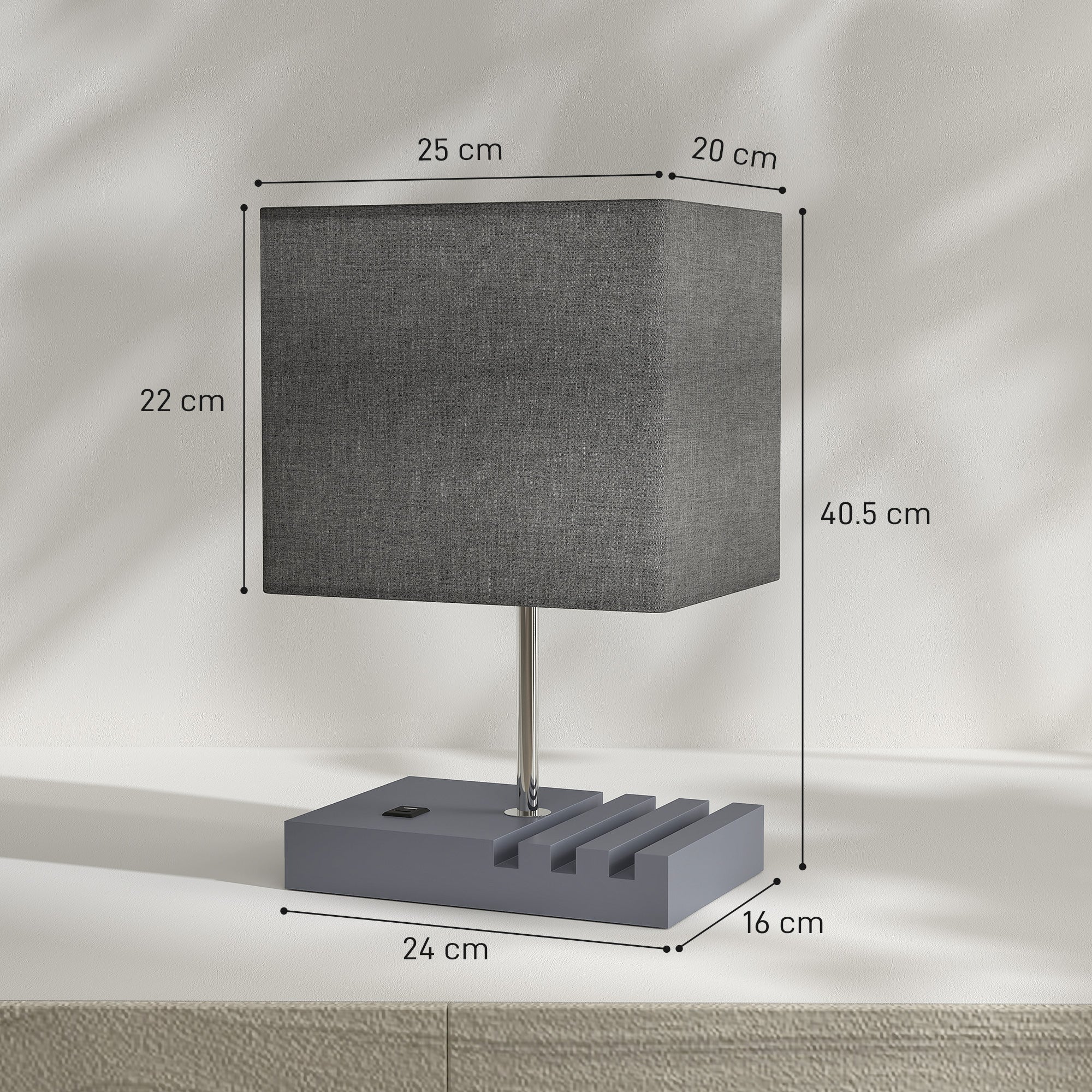 HOMCOM Bedside Lamp with USB A+C Charging Ports and 3 Phone Stands, Modern Table Lamp with Solid Wood Base and Fabric Shade for Bedroom Living Room Office, E27 Socket, Bulb Not Included, Grey 