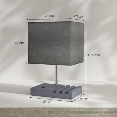 HOMCOM Bedside Lamp with USB A+C Charging Ports and 3 Phone Stands, Modern Table Lamp with Solid Wood Base and Fabric Shade for Bedroom Living Room Office, E27 Socket, Bulb Not Included, Grey 