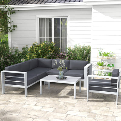 Outsunny Five-Piece Aluminium Garden Sofa Set, with Glass-Top Table - Grey 