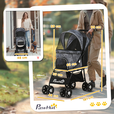 PawHut Foldable Pet Stroller for Dogs, Puppy Stroller, with Large Carriage, Brakes, Canopy - Grey 