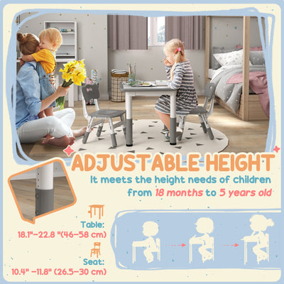 AIYAPLAY Height Adjustable Toddler Table and Chair Set, 3 Pcs Children Activity Table w/ 2 Chairs, for Playroom, Bedroom - Grey 