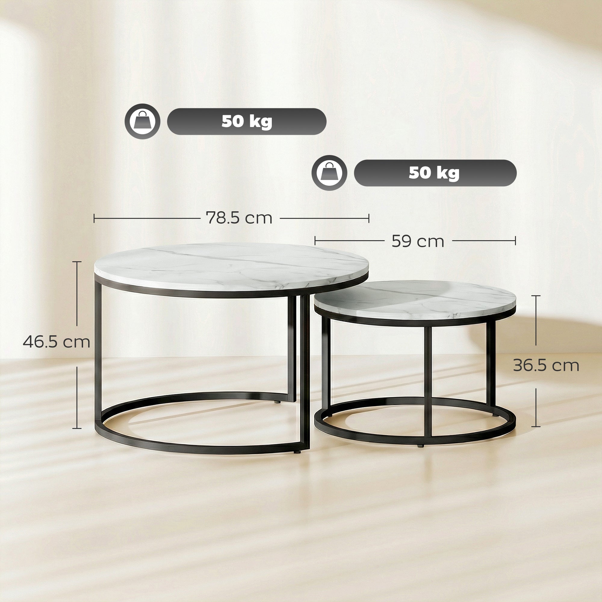 HOMCOM Set of Two Marble-Effect Stacking Tables - White 