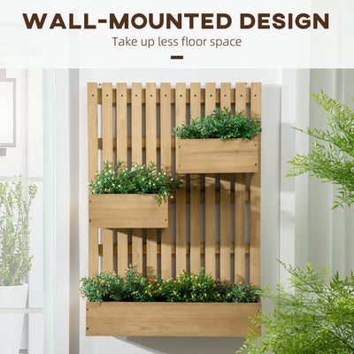 Outsunny Wall-mounted Wooden Garden Planters with Trellis, Drainage Holes and 3 Planter Boxes for Patio, Natural 
