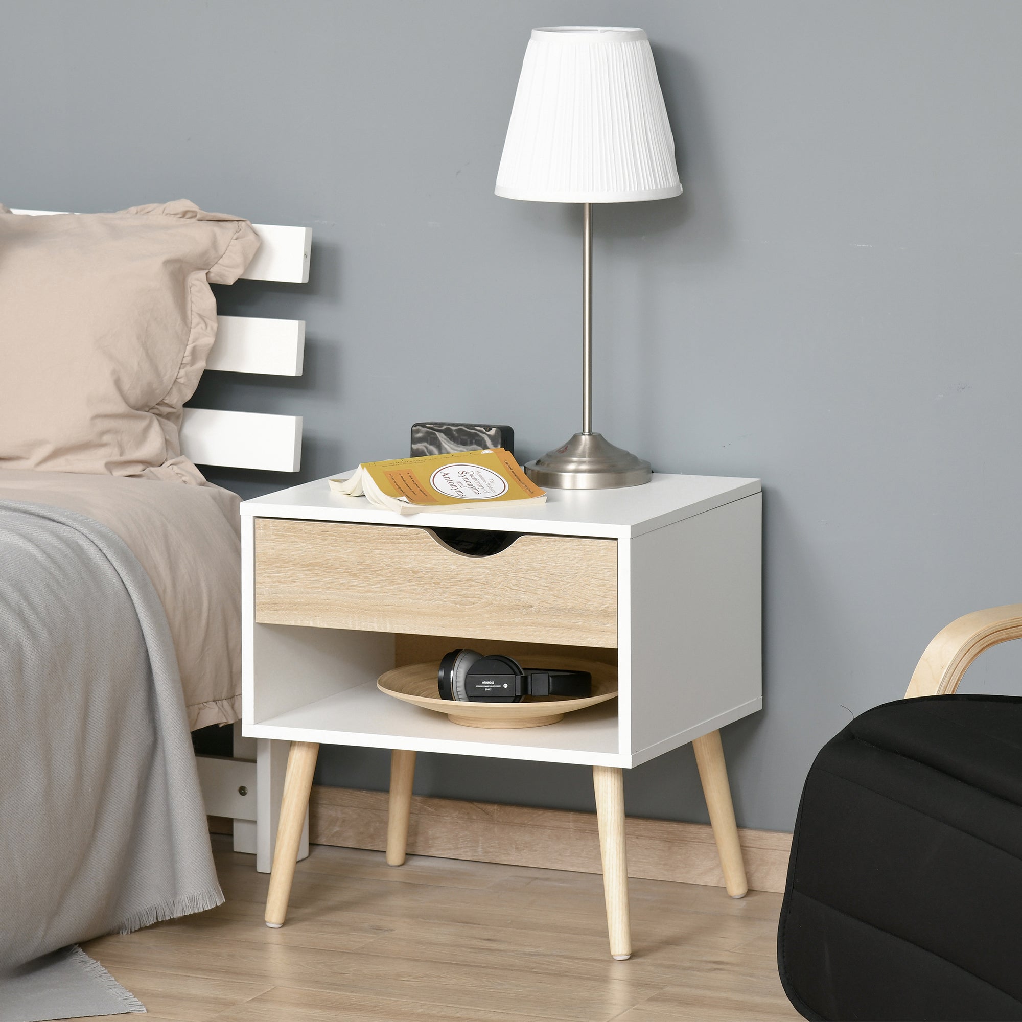 HOMCOM Bedside Table with Drawer and Shelf, Modern Nightstand, End Table for Bedroom, Living Room, White 