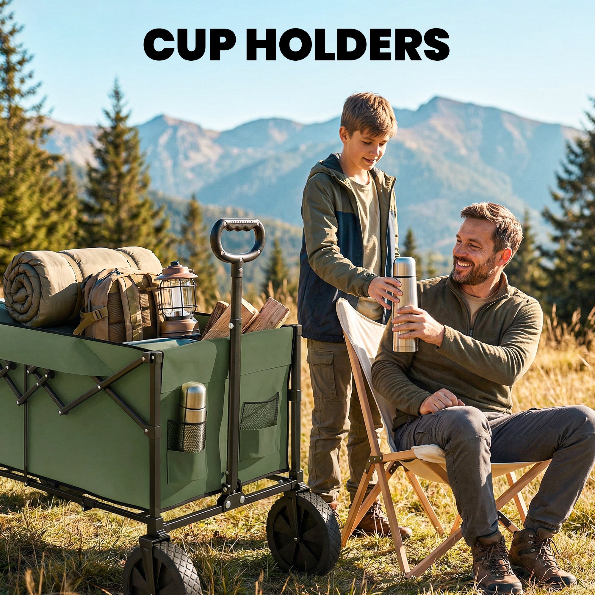 Outsunny 95L Foldable Festival Trolley on Wheels, Collapsible Wagon Cart with Adjustable Handle and 2 Cup Holders, Dark Green 