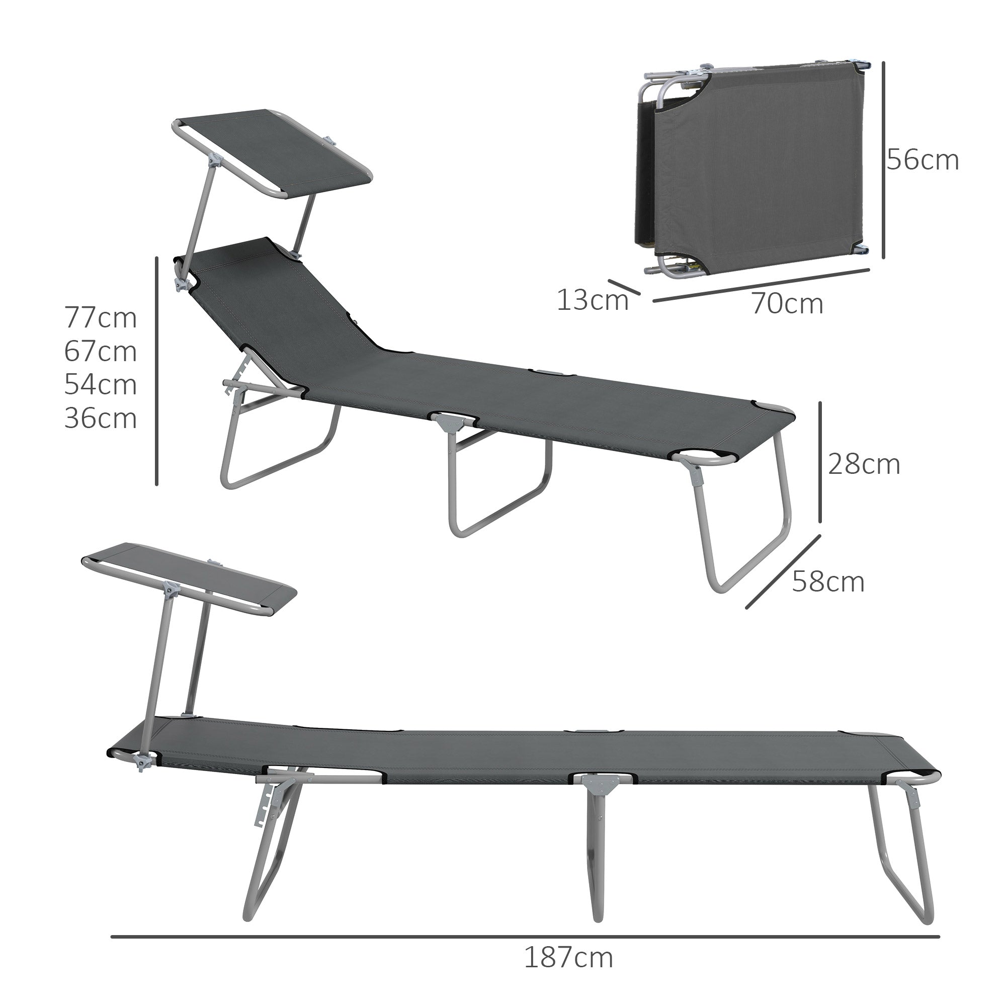 Outsunny Outdoor Foldable Sun Lounger Set of 2, 4 Level Adjustable Backrest Reclining Sun Lounger Chair with Angle Adjust Sun Shade Awning for Beach, Garden, Patio, Grey