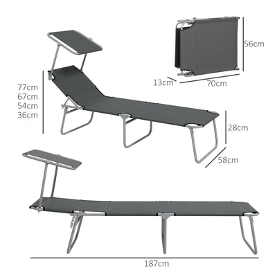 Outsunny Outdoor Foldable Sun Lounger Set of 2, 4 Level Adjustable Backrest Reclining Sun Lounger Chair with Angle Adjust Sun Shade Awning for Beach, Garden, Patio, Grey 