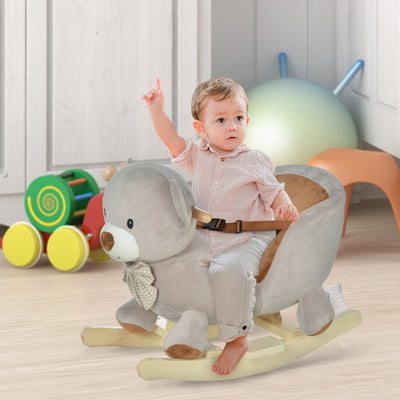 HOMCOM Kids Children Rocking Horse Plush Ride On Bear Seat w/ Sound Wood Base Seat Safety Belt Toddler Baby Toy for 18-36 Months Grey 