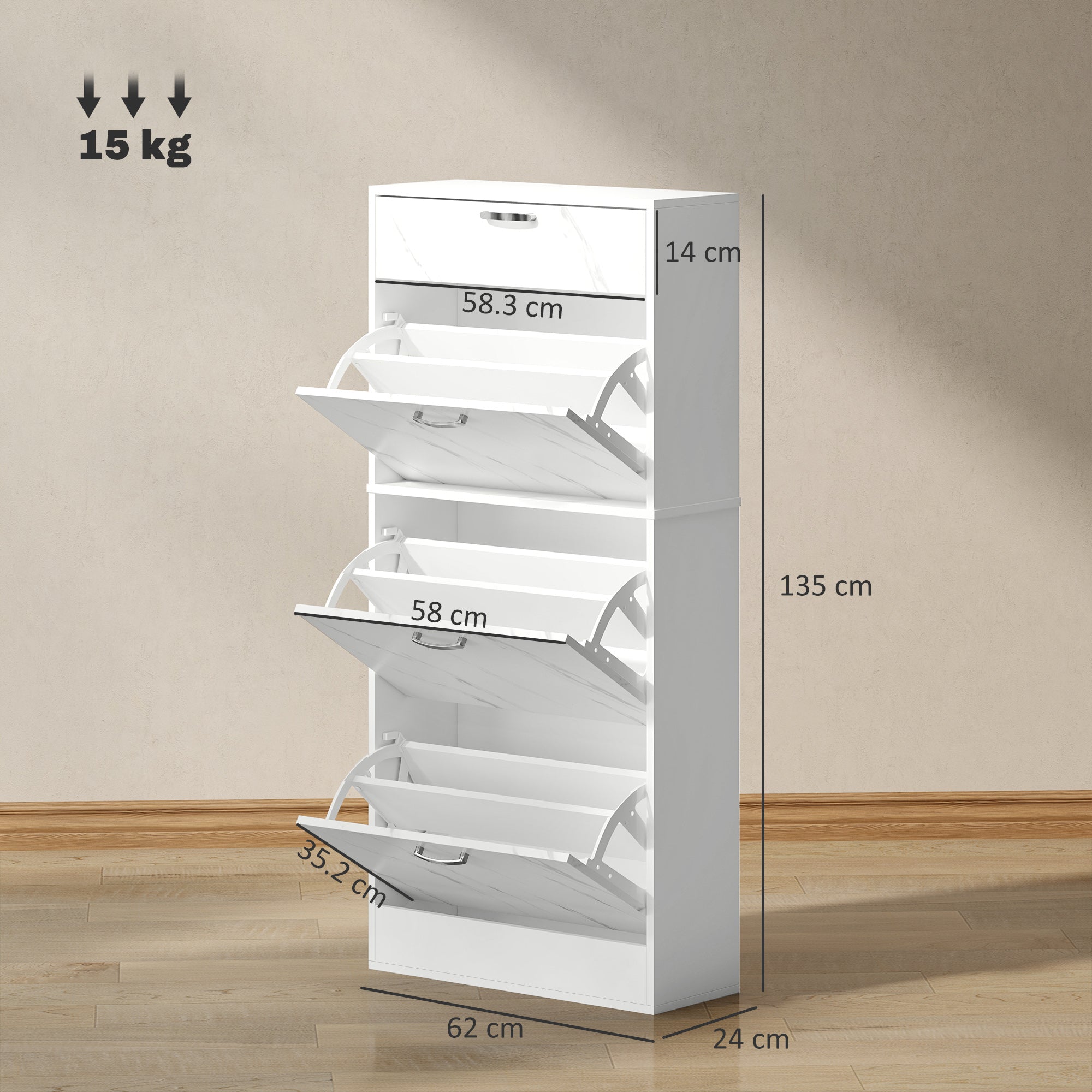 HOMCOM Marble Shoe Storage Cabinet with 3 Flip Drawers, Hallway Cabinet with Top Drawer and Adjustable Shelves, Shoe Cupboard for 18 Pairs, White 