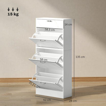 HOMCOM Marble Shoe Storage Cabinet with 3 Flip Drawers, Hallway Cabinet with Top Drawer and Adjustable Shelves, Shoe Cupboard for 18 Pairs, White 