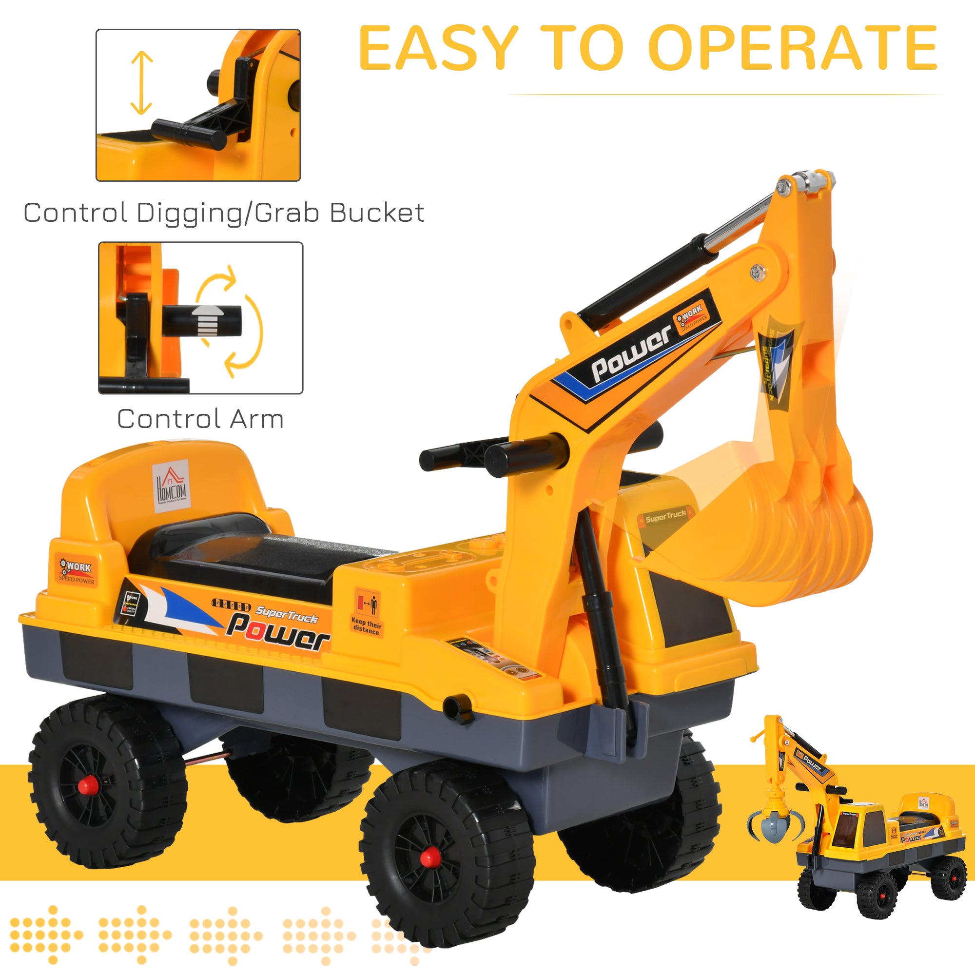 HOMCOM 2 in 1 Ride on Excavator Digger No Power Detachable Digging Bucket and Grab Bucket Music Light for 2-3 Years Old 