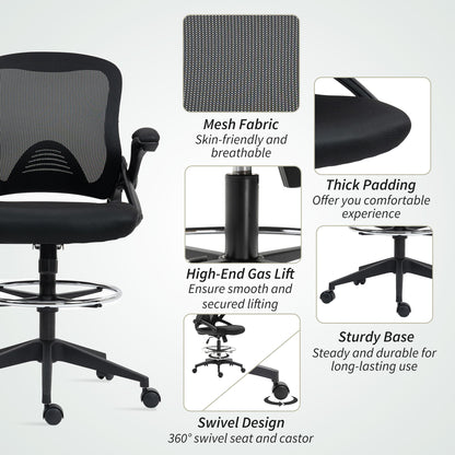 Vinsetto Drafting Chair with Flip-up Armrest, Mesh Office Stool with Foot Ring, 360° Swivel Height Adjustable Chair for Standing Desk, Black 