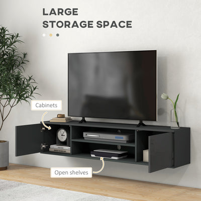 HOMCOM Floating TV Stand Cabinet for TVs up to 60", Wall Mounted TV Unit with Open Shelf, Storage Cupboards and Cable Management for Living Room, Grey 