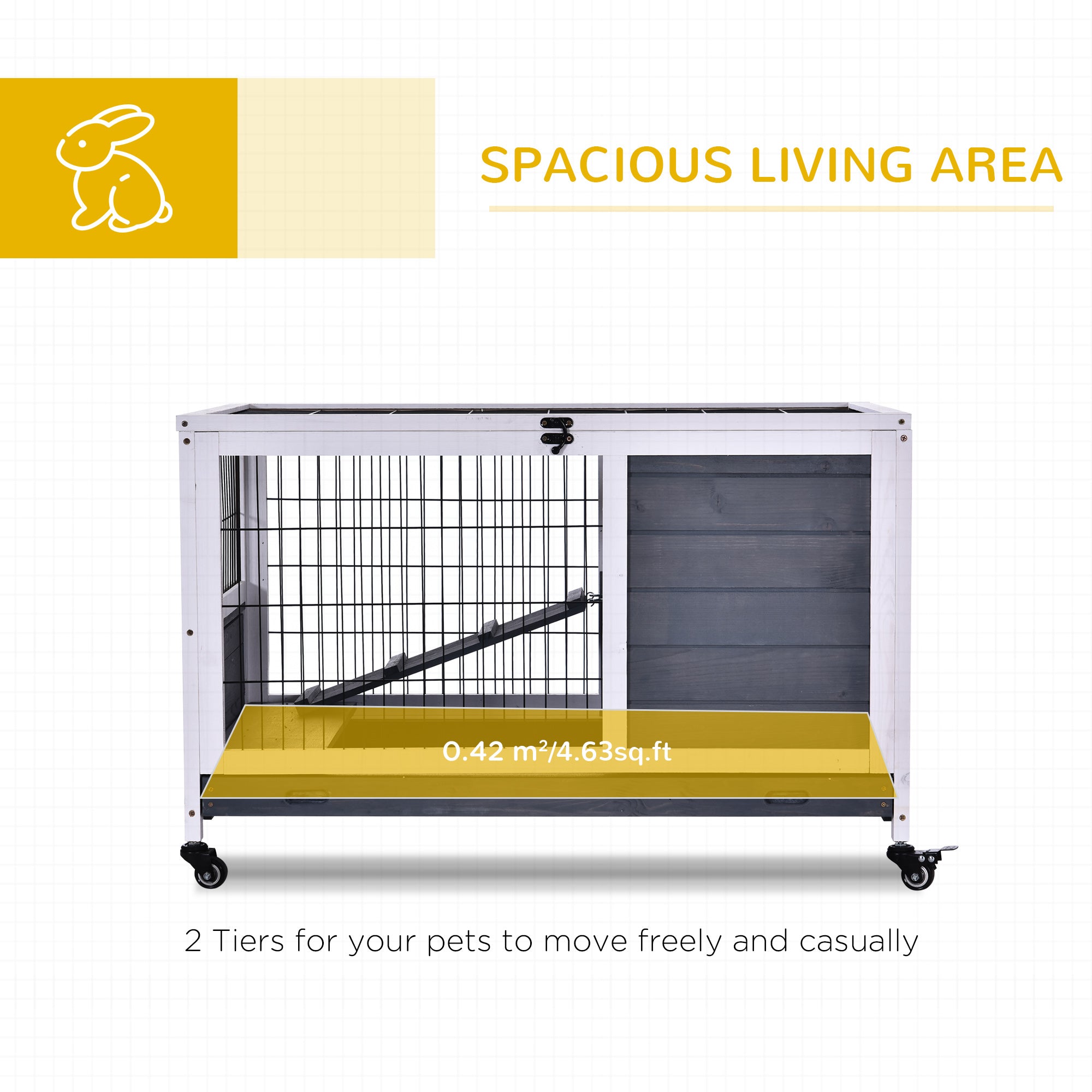 PawHut Wooden Guinea Pig Hutch, 2-Floor Bunny Cage w/ Enclosed Run Area, Grey 
