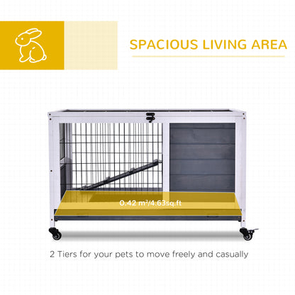 PawHut Wooden Guinea Pig Hutch, 2-Floor Bunny Cage w/ Enclosed Run Area, Grey 