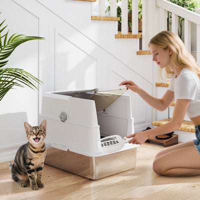 PawHut Extra Large Stainless Steel, Cat Litter Tray with Scoop, Flip Top 