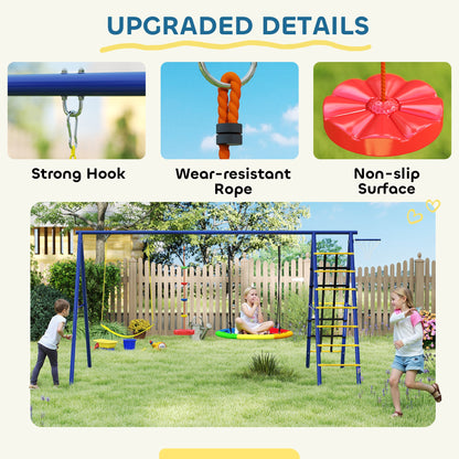 AIYAPLAY 6 in 1 Metal Kids Swing Set with 3 Swings, Climbing Ladder & Net, Basketball Hoop, for Ages 3-8 