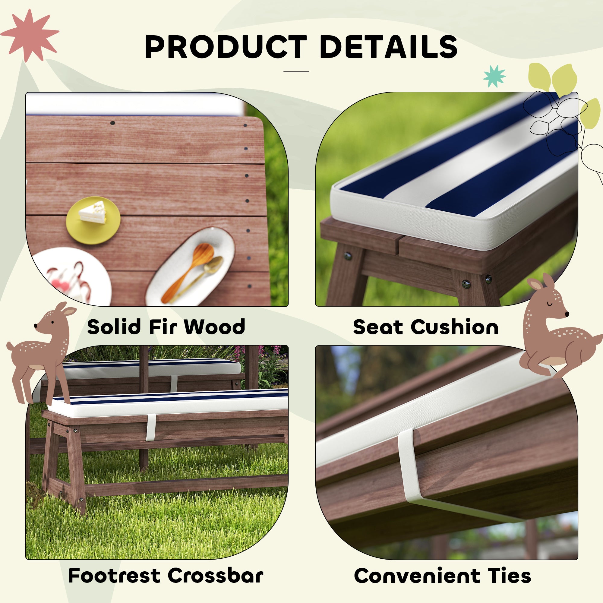 AIYAPLAY Outdoor Wooden Kids Picnic Table & Bench Set with Cushions and Umbrella, for Patio, Garden, Navy Blue 