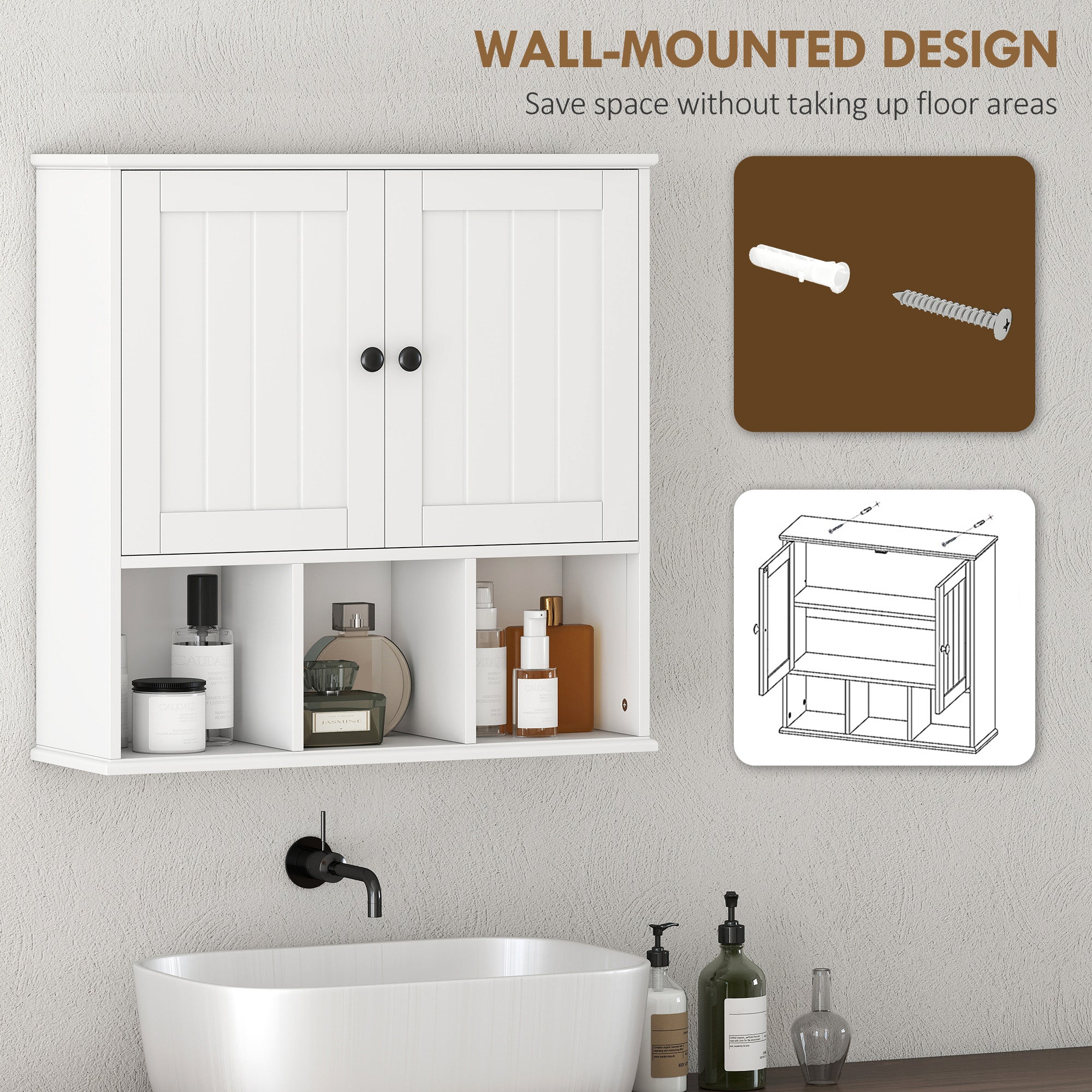 HOMCOM Farmhouse Bathroom Wall Cabinet, Wall Mounted Medicine Cabinet with Adjustable Shelf, Open Compartments, White 