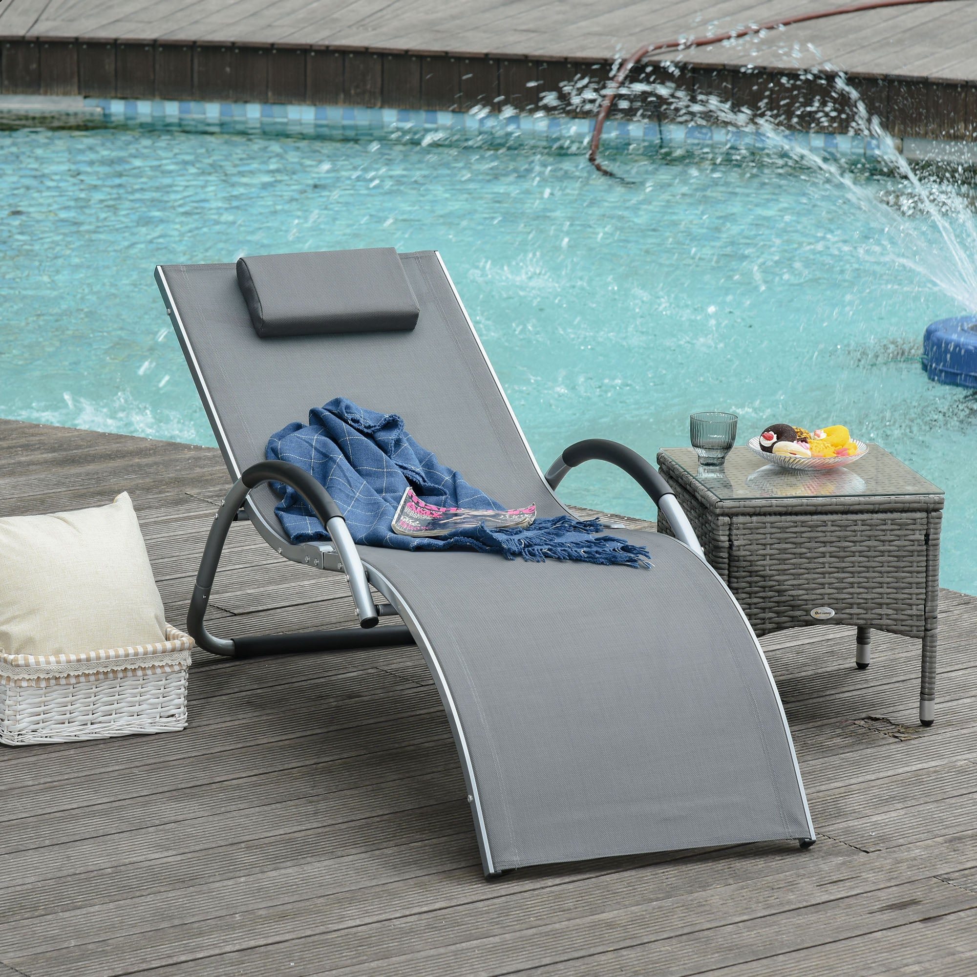 Outsunny Sun Lounger Reclining Chair Portable Armchair with Pillow for Garden Patio Outside Aluminium Frame, Dark Grey 