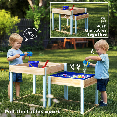 AIYAPLAY 2 PCS Wooden Outdoor Sand and Water Play Tables with Bottom Liner for Kids Aged 3-8 Years Old, Natural Wood Finish 
